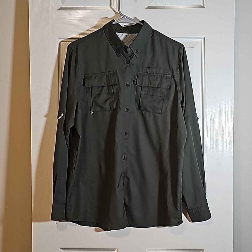 Amazon Green Safari Fishing Outdoor Shirt Button Up Long Sleeve Vented Size M